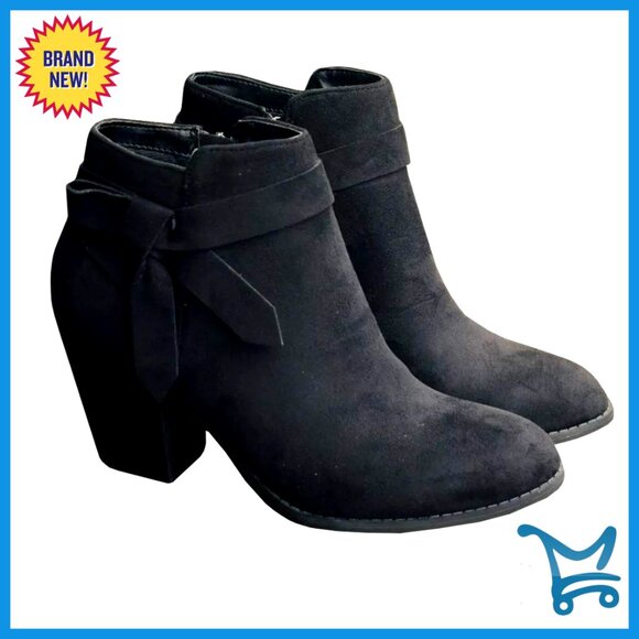 Women's Ankle Booties with Stacked Heel Side Zipper Strappy Bowtie